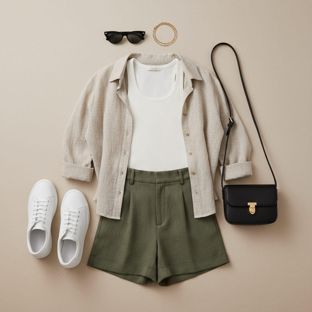 Summer outfit formula with breathable layers: tank, linen overshirt, shorts