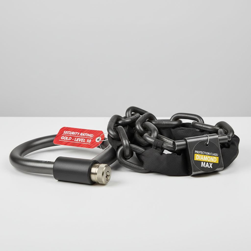 Close-up of hardened steel U-lock and chain with security rating tags