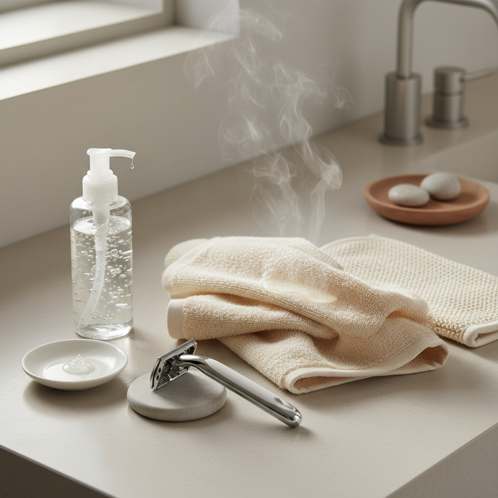 Leg shaving prep with warm towel, shaving gel, and clean razor on bathroom counter