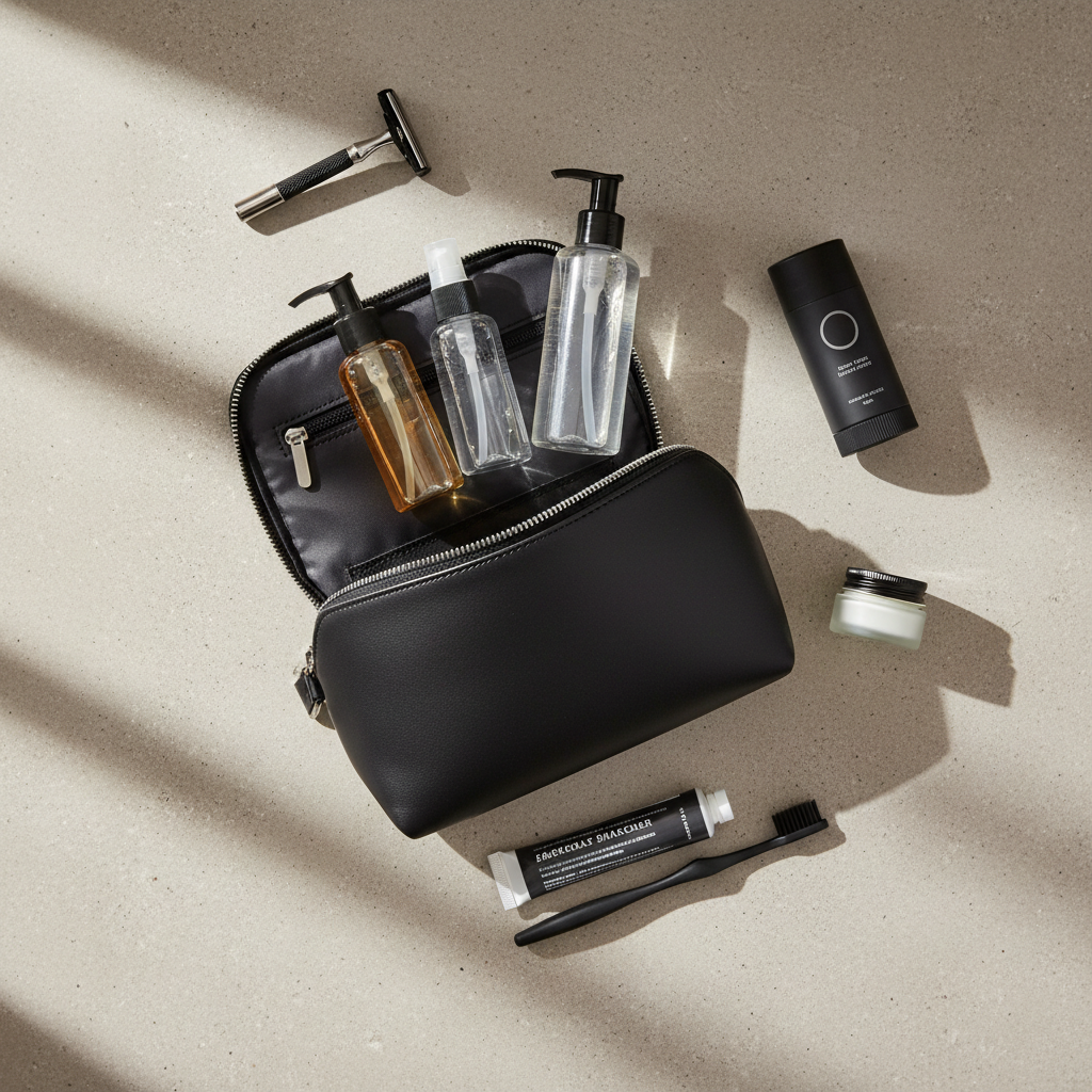 Men’s travel toiletry kit laid out with TSA-size bottles and Dopp kit
