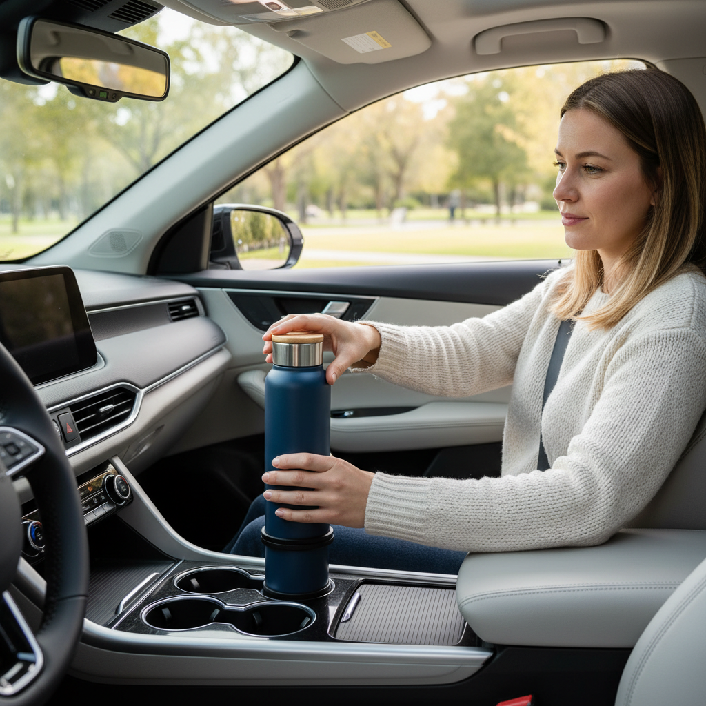 Driver testing cup stability in a parked car with a large water bottle in an expander