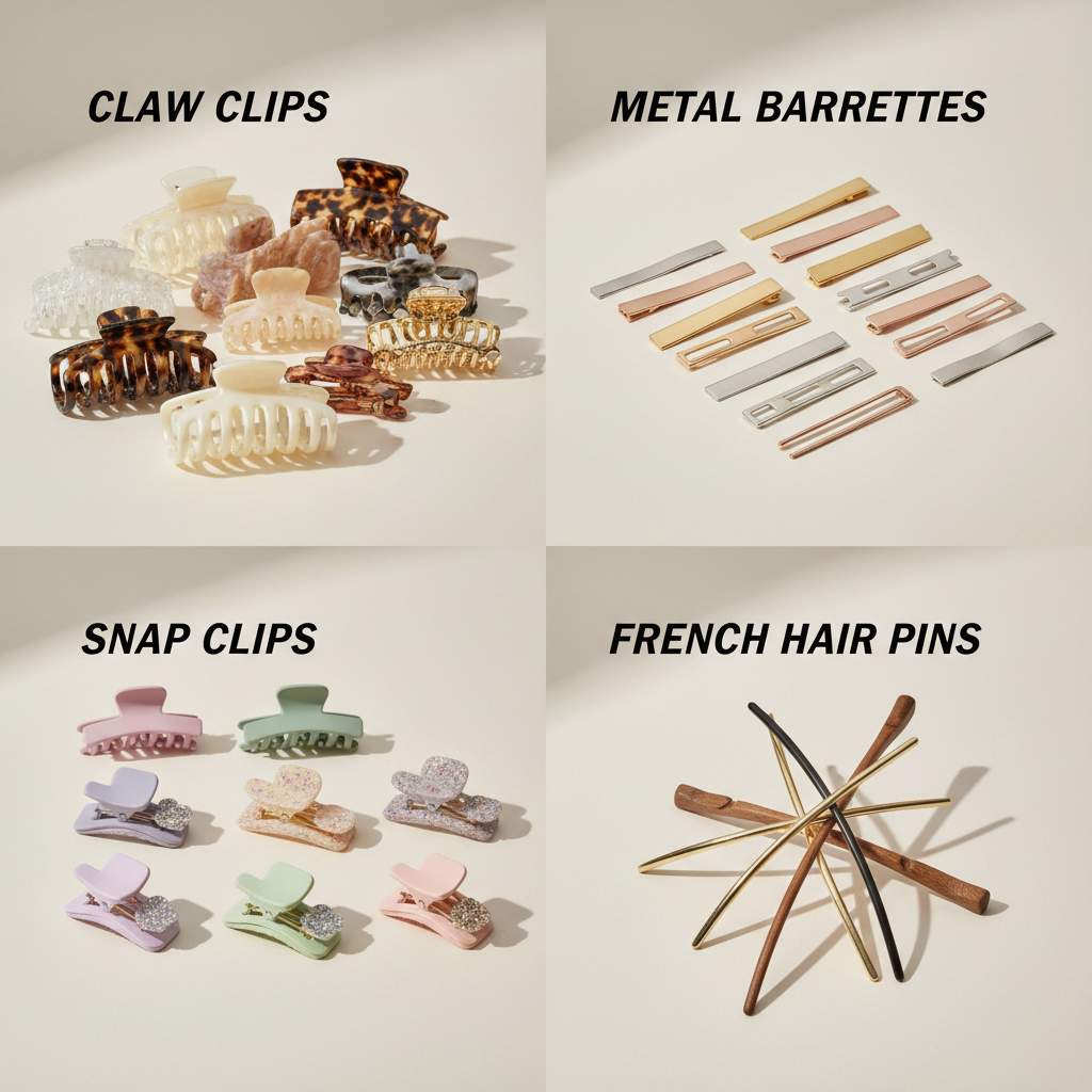 Different types of trendy hair clips: claw clip, barrette, snap clip, French pin