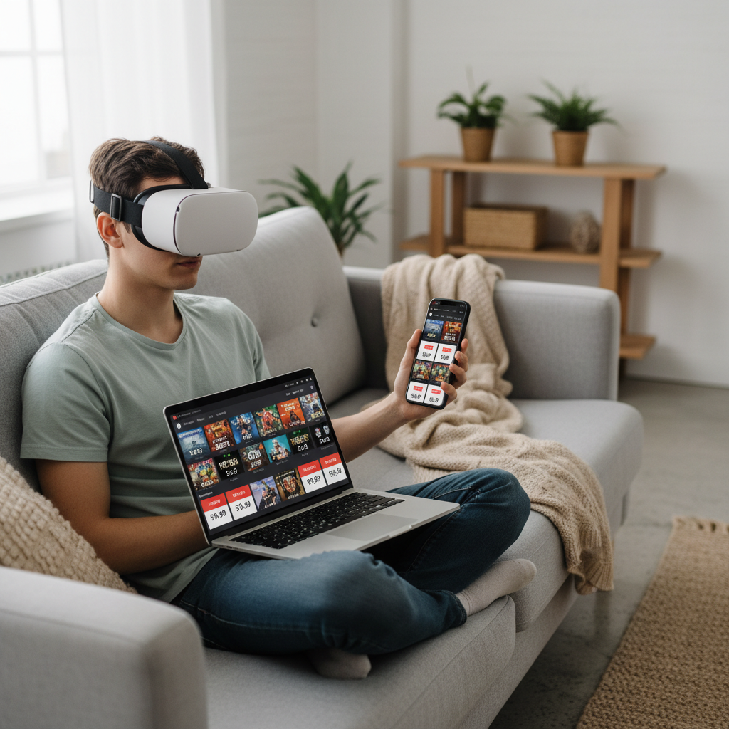 VR gamer browsing budget-friendly VR games under $20 on a storefront