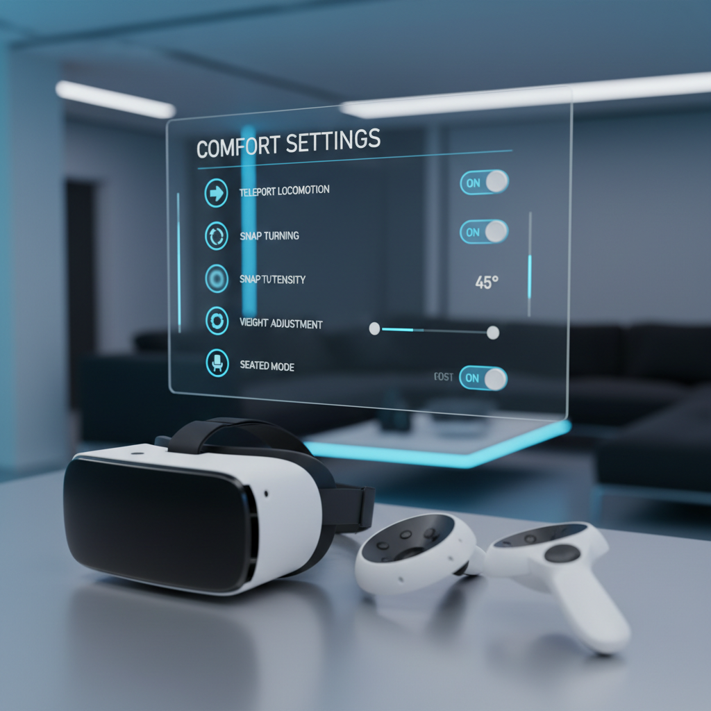 VR comfort settings menu showing teleport movement and snap turning options