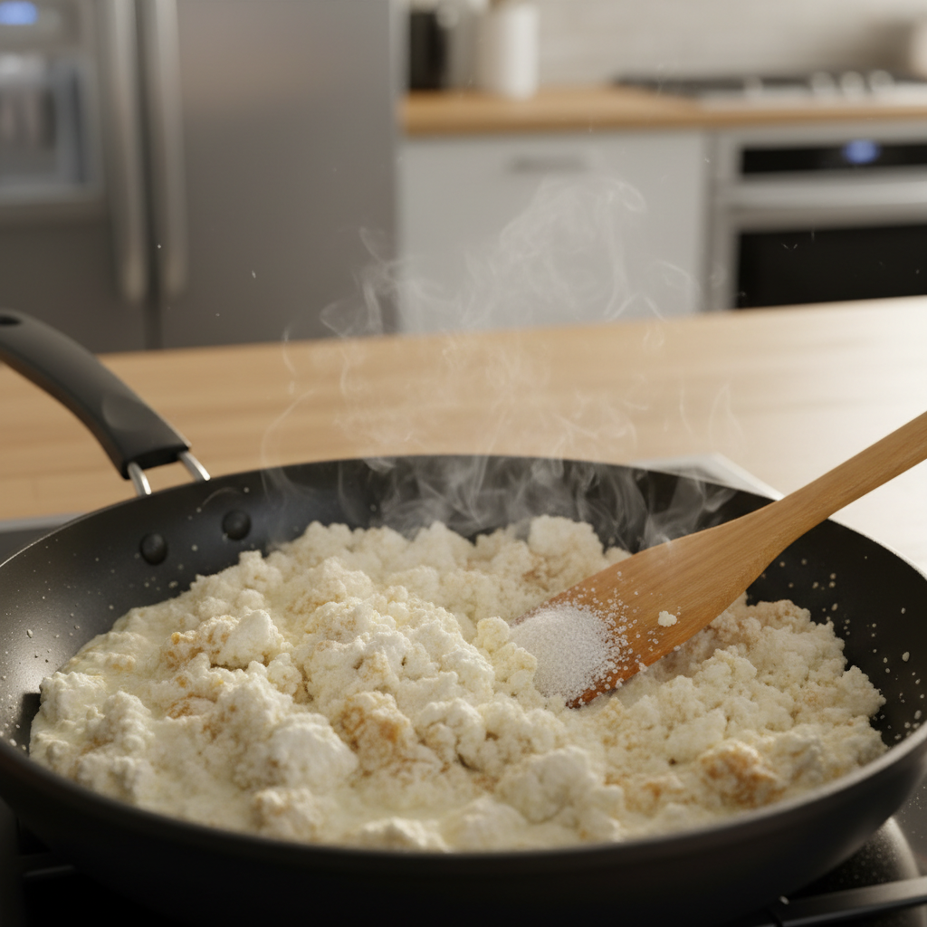 Mawa and sugar being cooked in a nonstick pan for peda