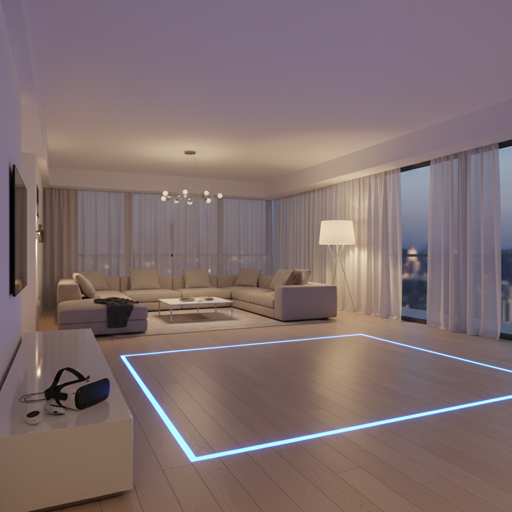 Safe VR play space setup with boundary area cleared and soft lighting