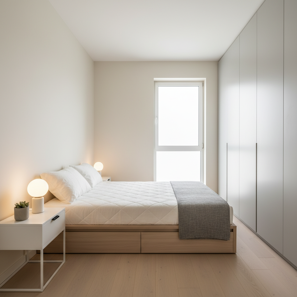 Small bedroom layout with a memory foam mattress and space-saving bed frame