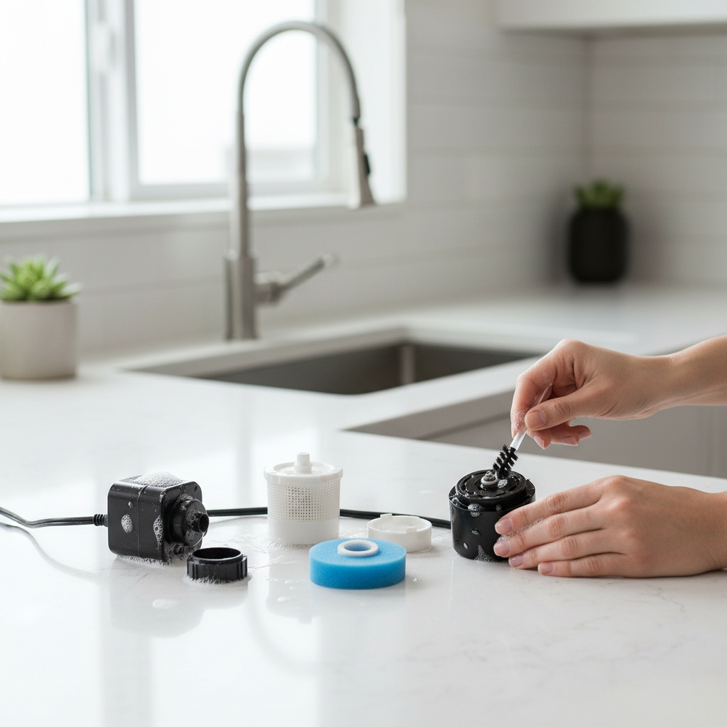 Hands cleaning a cat water fountain pump and filter parts on a kitchen counter