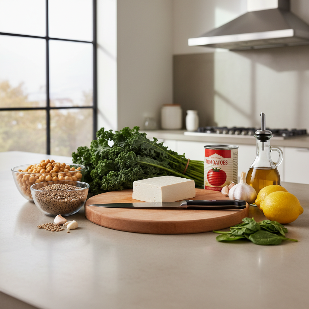 Beginner-friendly vegan cooking setup with simple ingredients