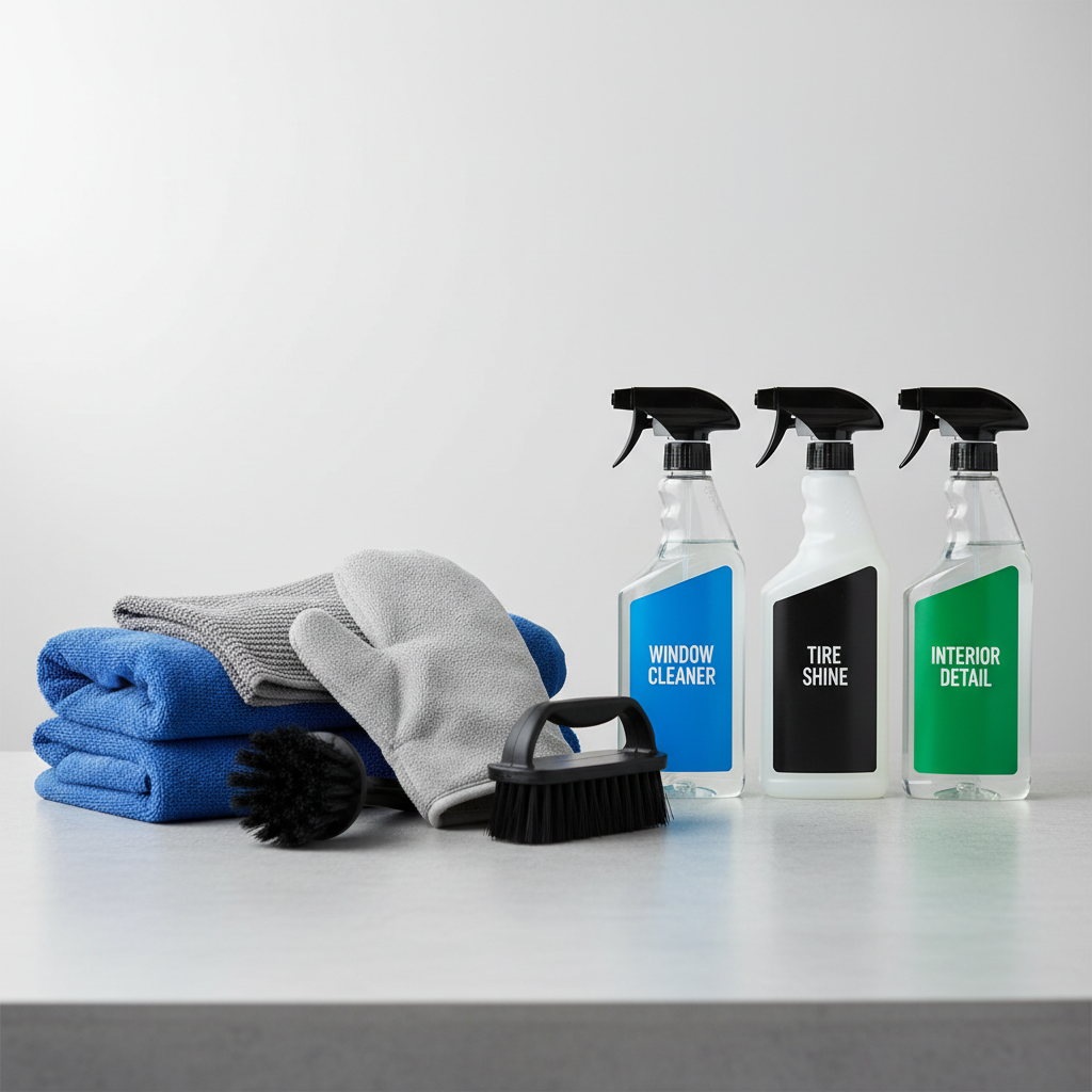 Side-by-side comparison of car detailing towels and brushes used in a complete car cleaning kit