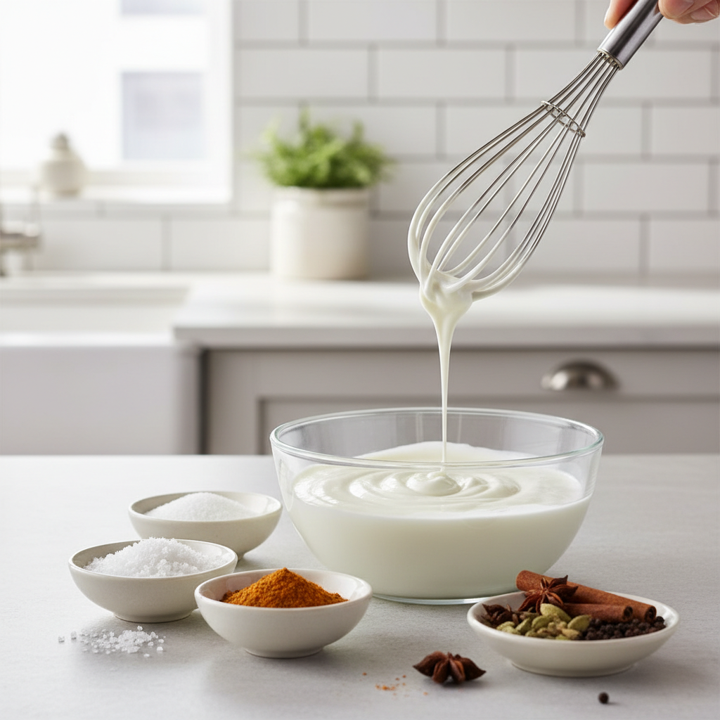 Whisking seasoned yogurt for papdi chaat