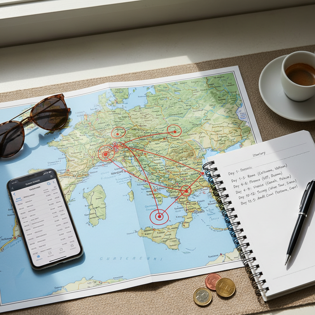 Italy travel planning map with Rome Florence Venice route ideas