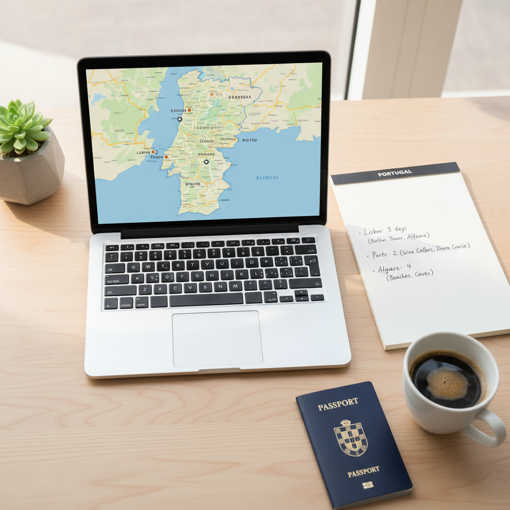 Portugal trip planning map with Lisbon, Porto, and Algarve highlights