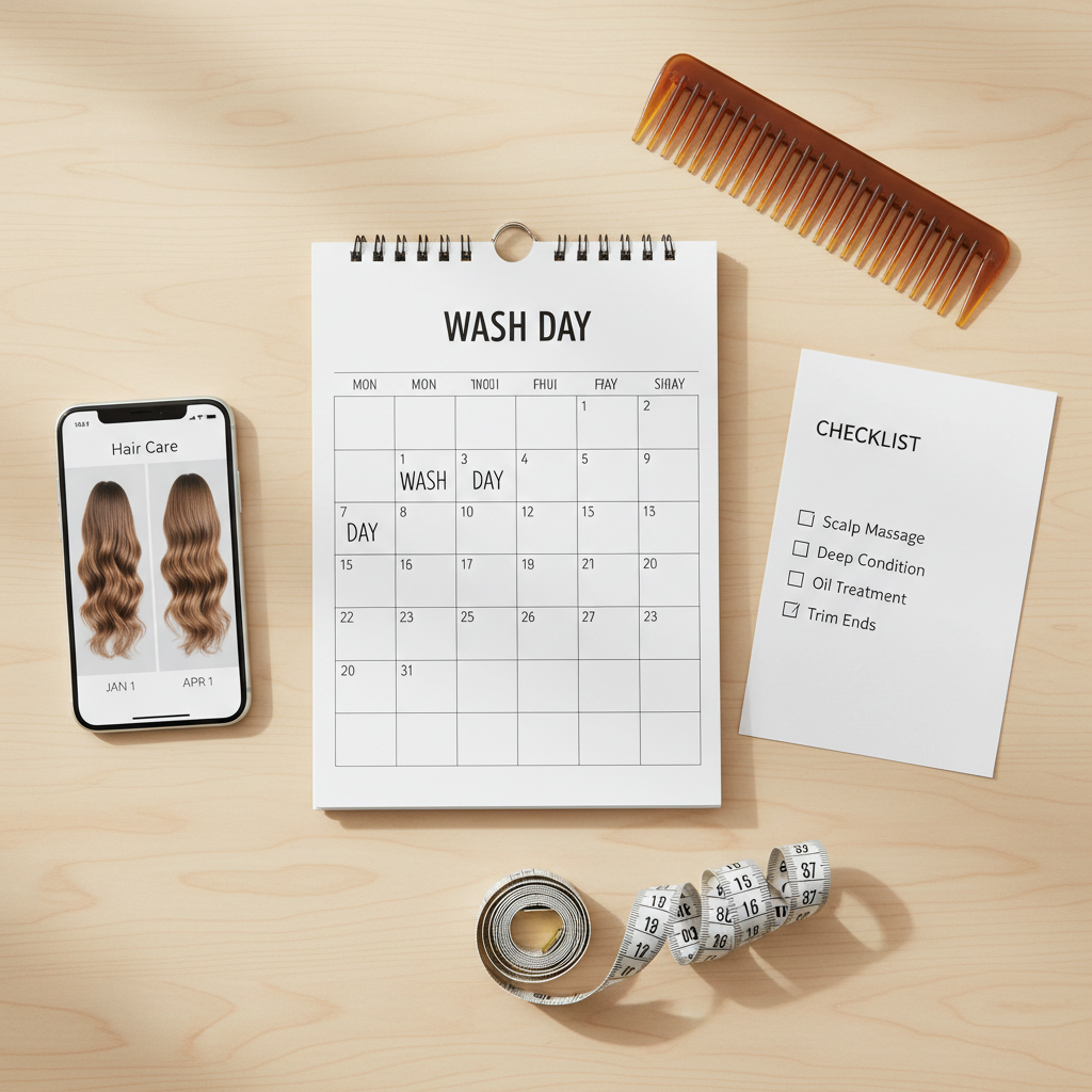 Minimal hair growth tracking setup with calendar and hair care checklist