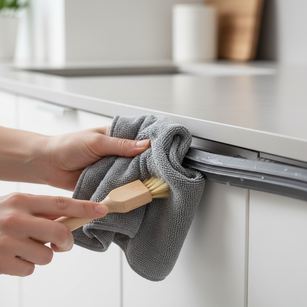 Cleaning the dishwasher door gasket folds with a microfiber cloth and soft brush