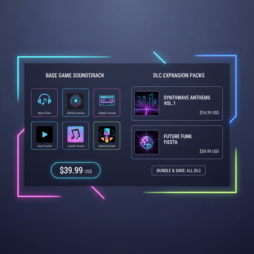 Comparison of Synth Riders base songs and DLC packs on a storefront screen