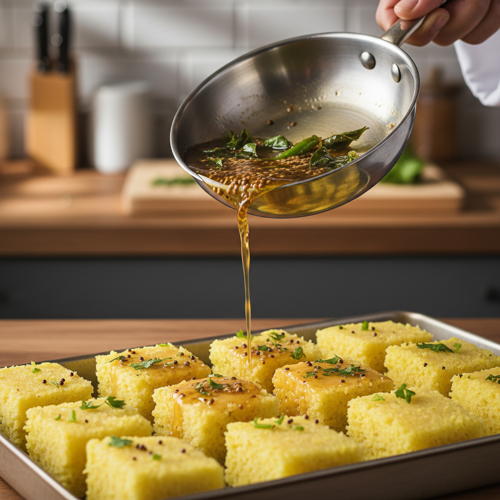 Pouring mustard seed tempering over cut khaman dhokla pieces