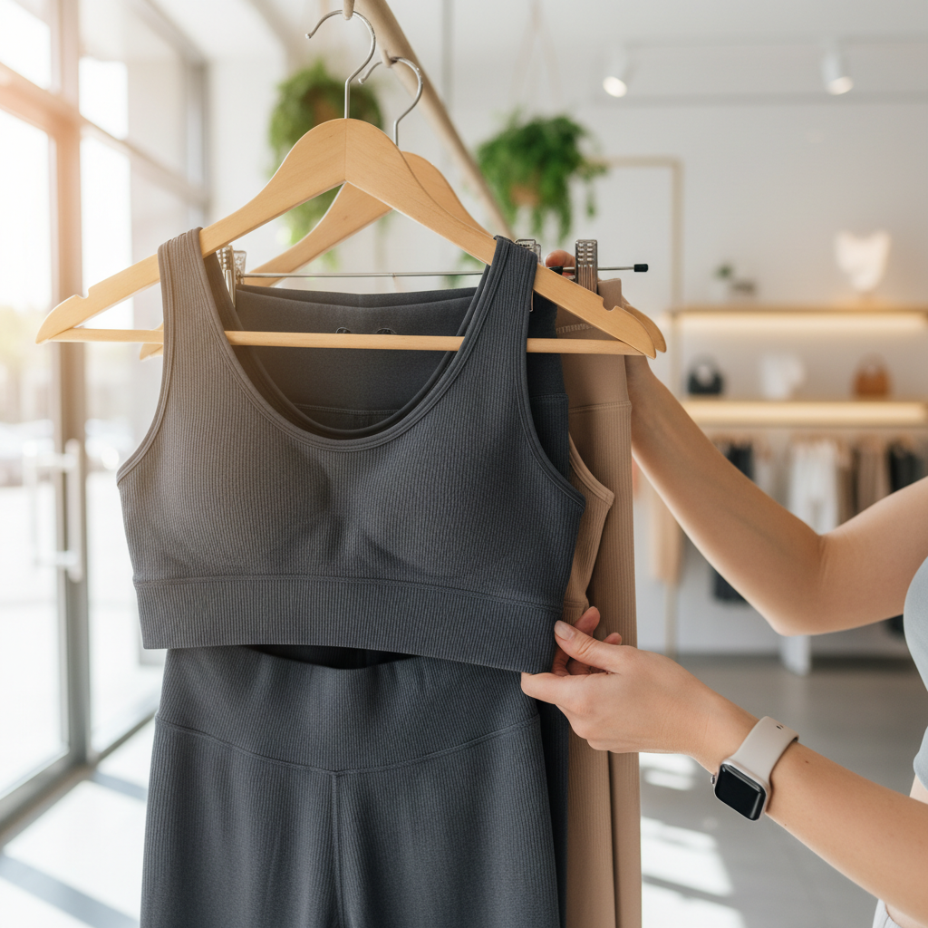 Woman comparing activewear set fabrics and stretch in a modern athleisure store