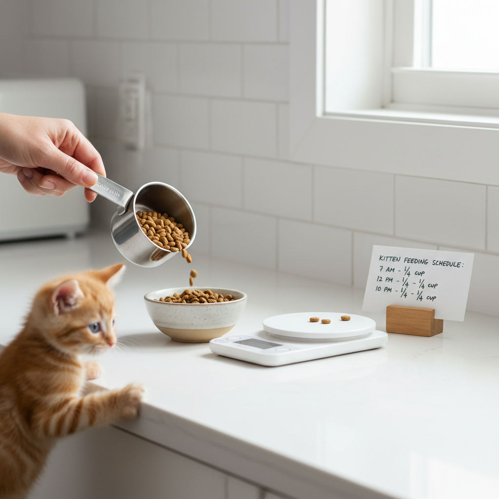 Portioning kitten meals with a measuring cup and schedule
