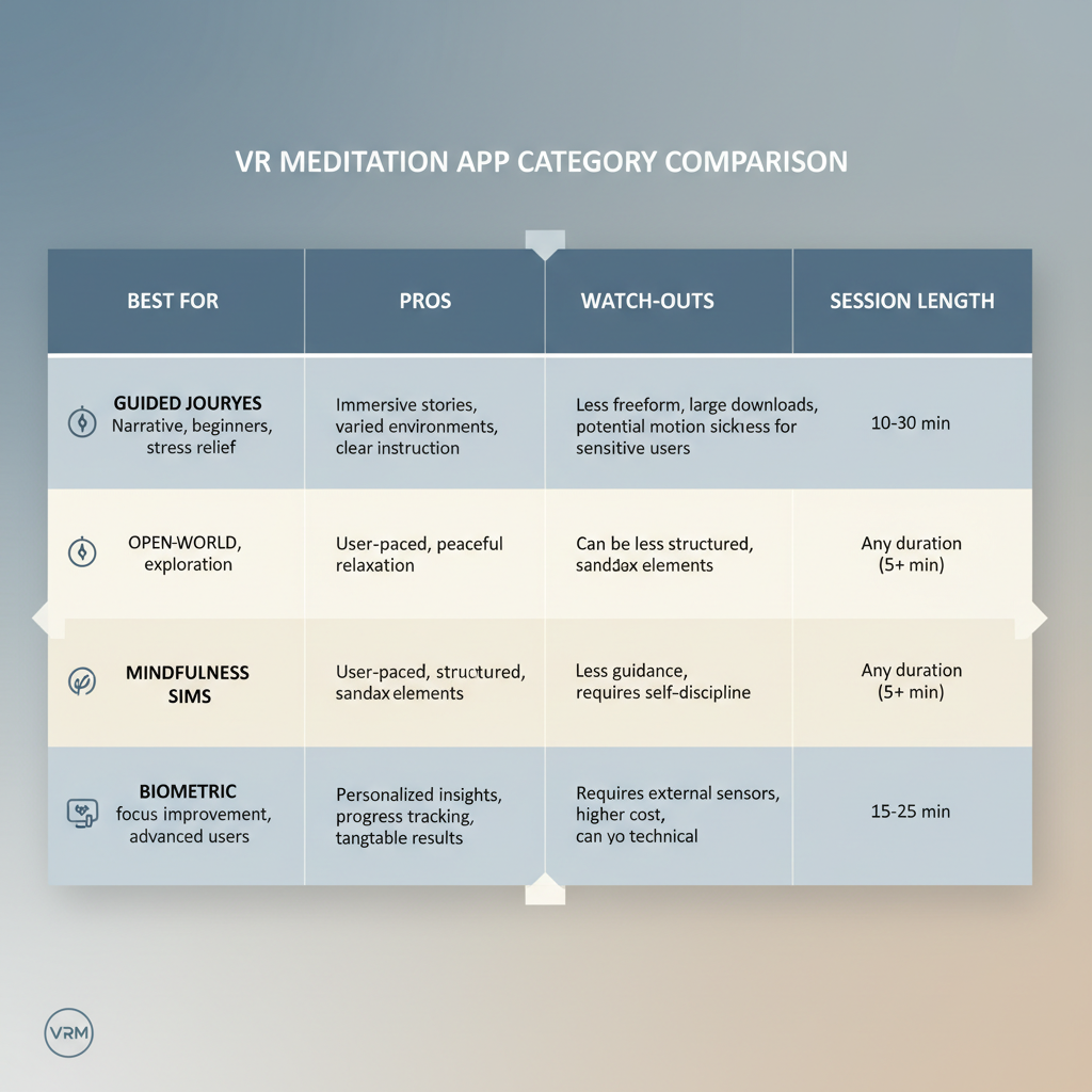 Comparison table of VR meditation app types and best use cases