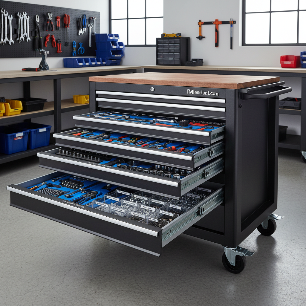 Organized tool chest drawers with labeled sections and foam organizers