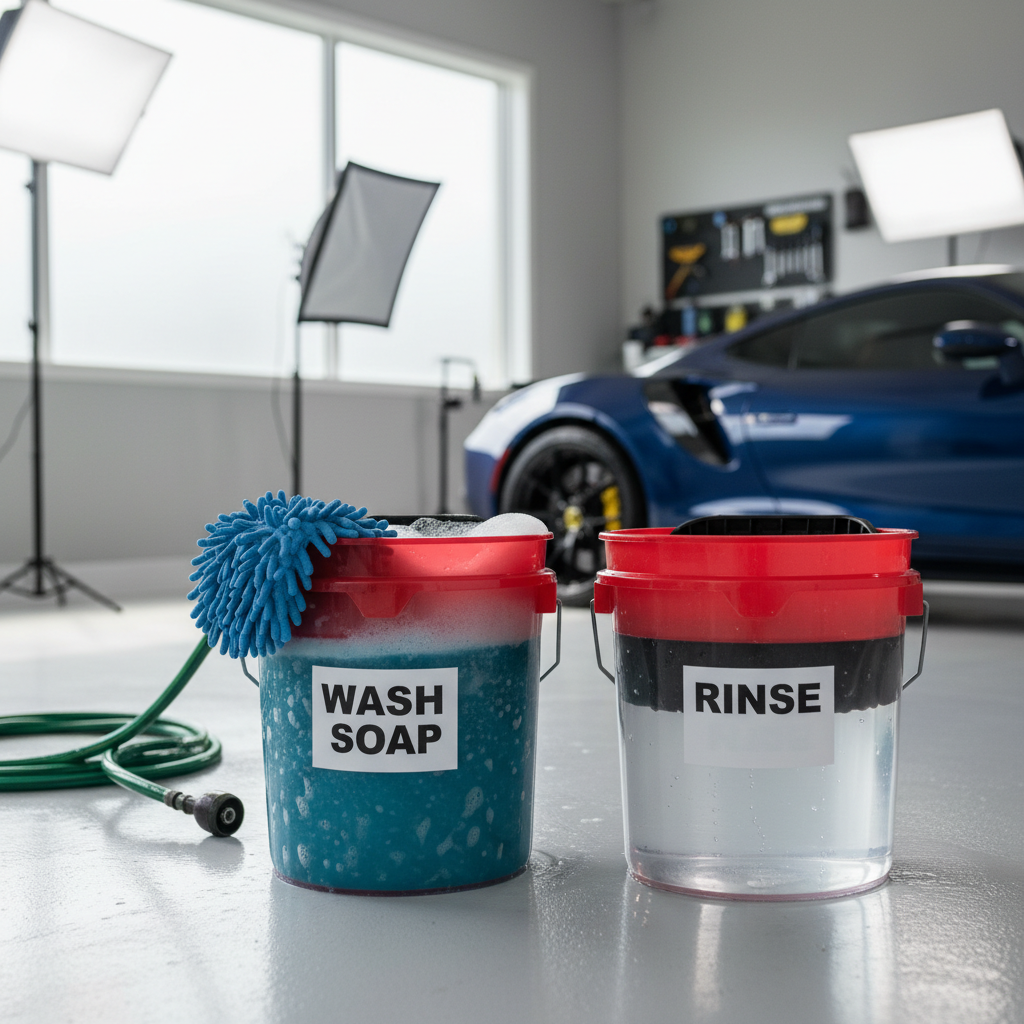Two-bucket car wash method with grit guard and microfiber mitt