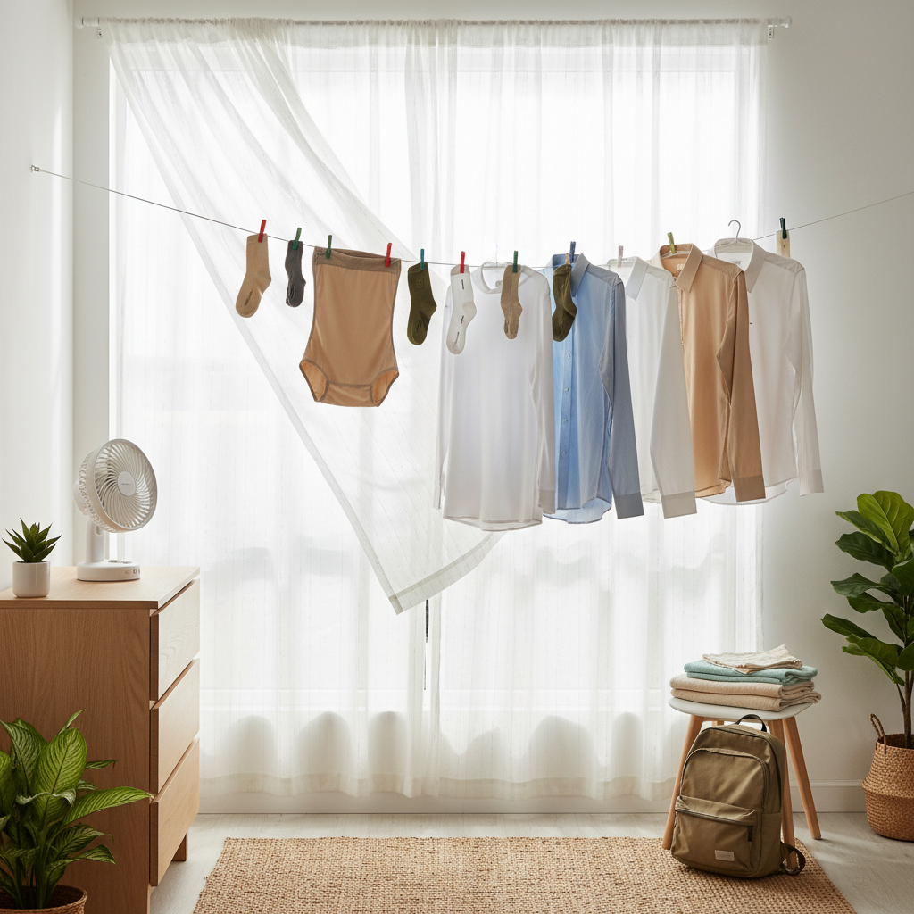 Travel laundry drying setup with good airflow near a window and fan