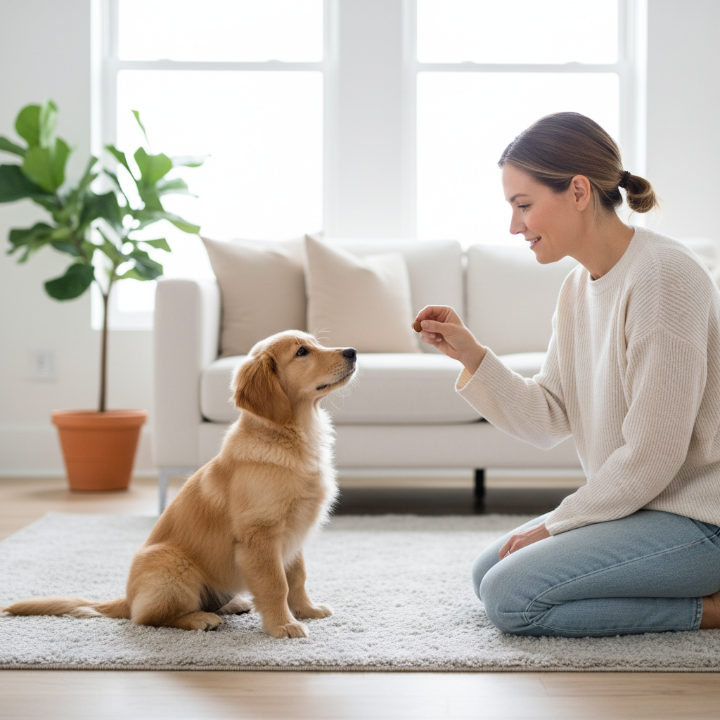 Owner rewarding quiet behavior to reduce attention-seeking puppy whining