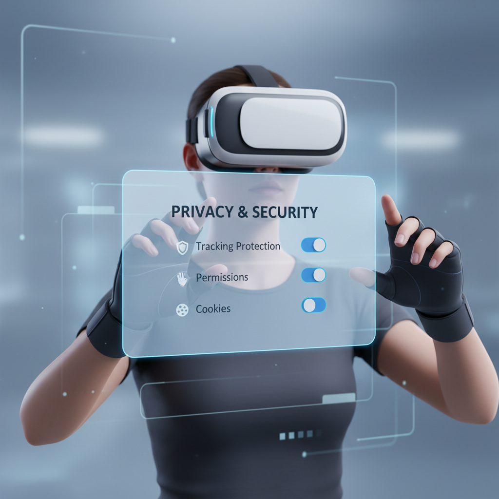 VR browser settings and privacy controls interface shown on floating panel