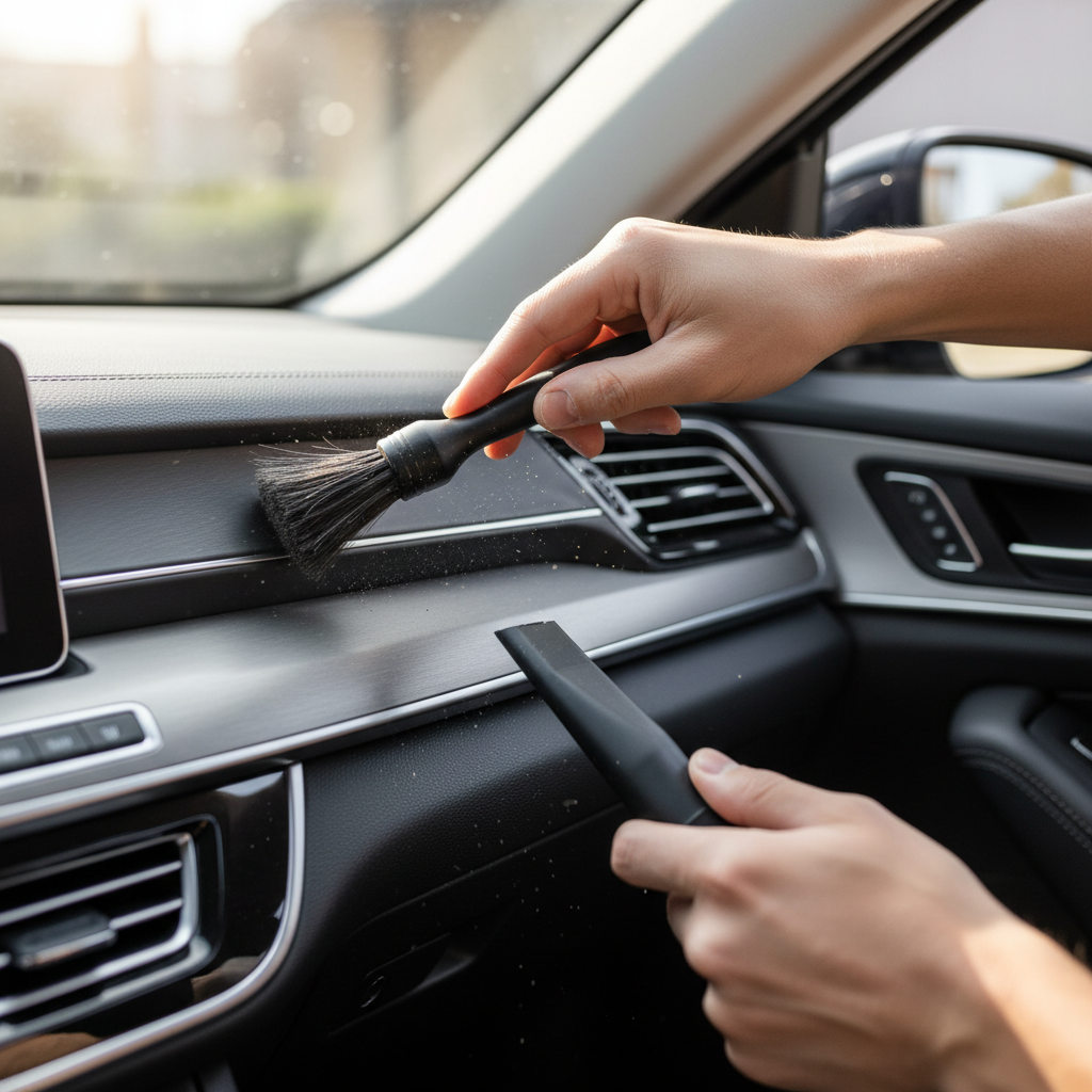Detailing brush and vacuum cleaning dust from car AC vent slats