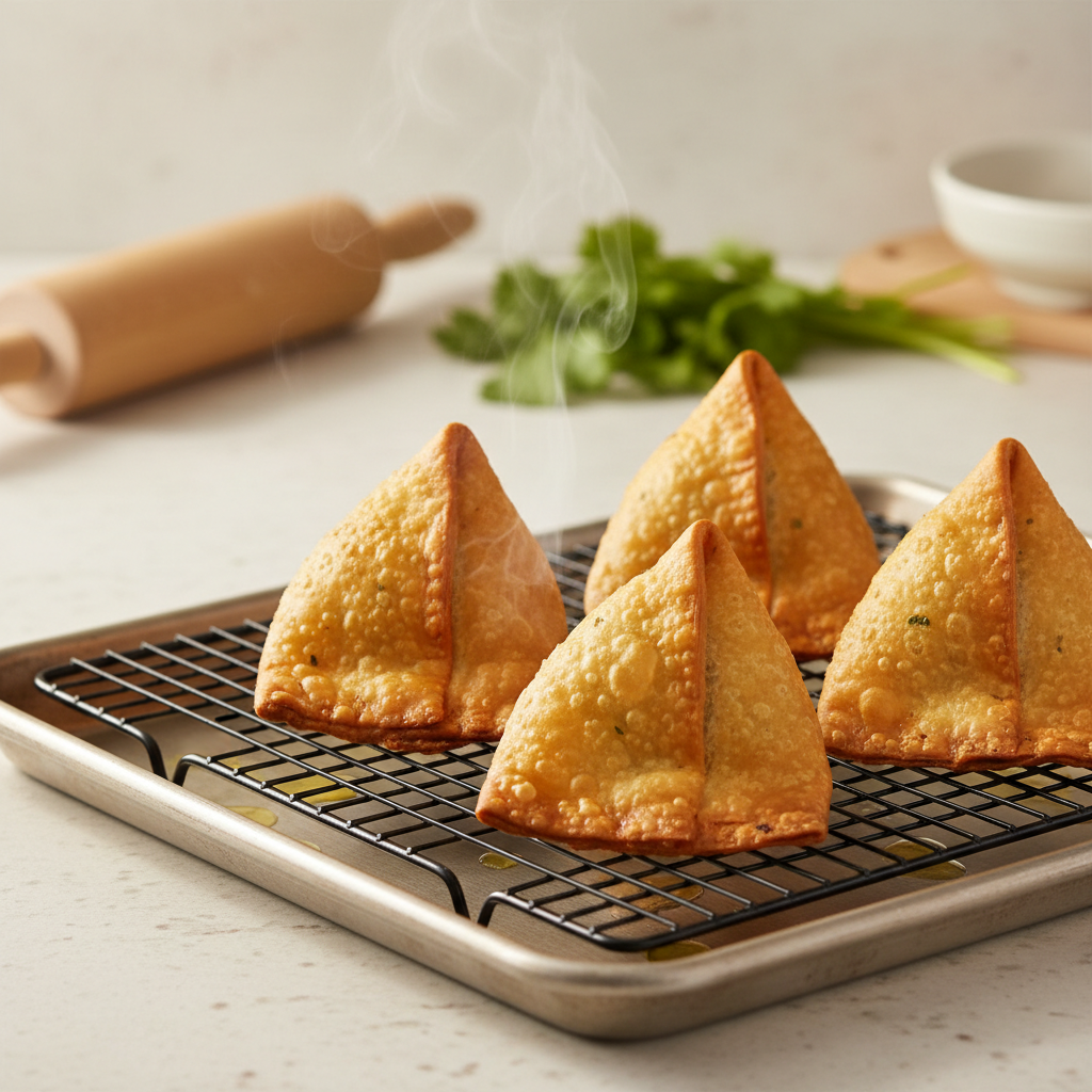 Samosas draining on a wire rack after frying for maximum crispiness