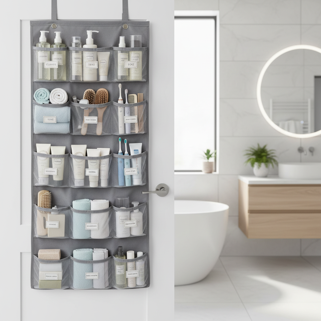 Organized bathroom door storage with labeled pockets for skincare and hair tools