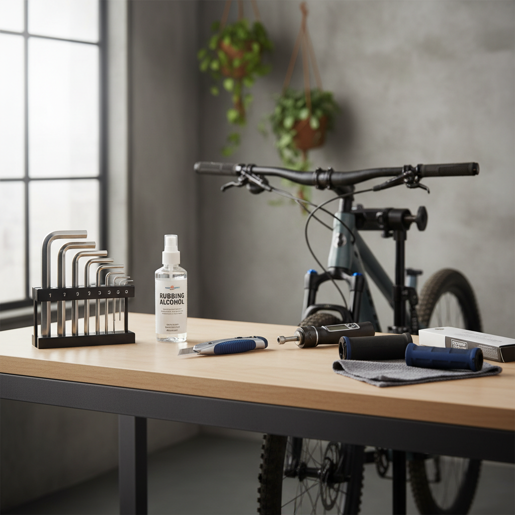Tools laid out for replacing bike handlebar grips on a flat workbench