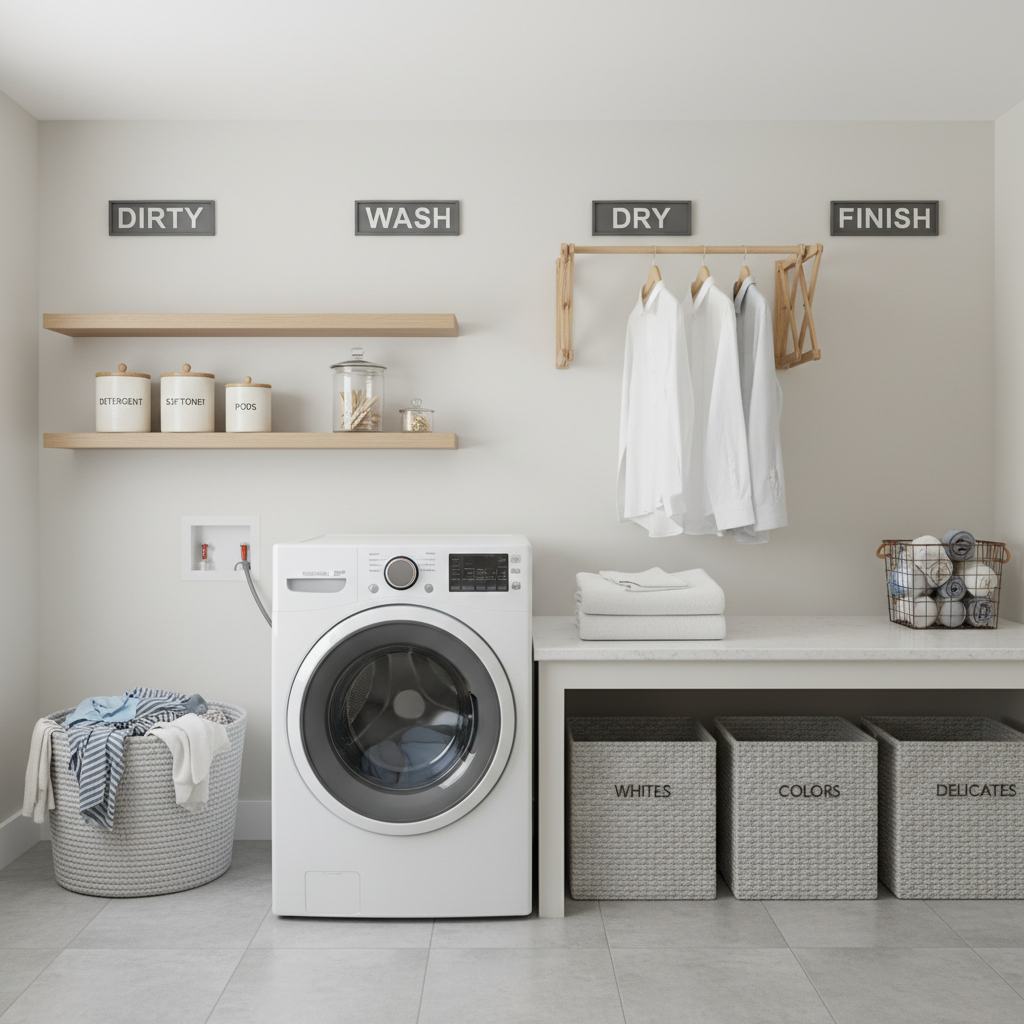 Laundry room zones labeled dirty wash dry finish with baskets and shelves