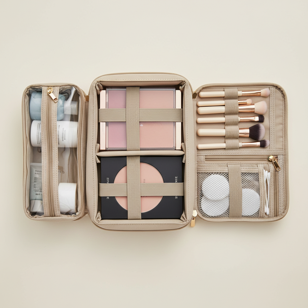 Packing zones inside a structured travel makeup organizer with liquids, powders, and brushes separated