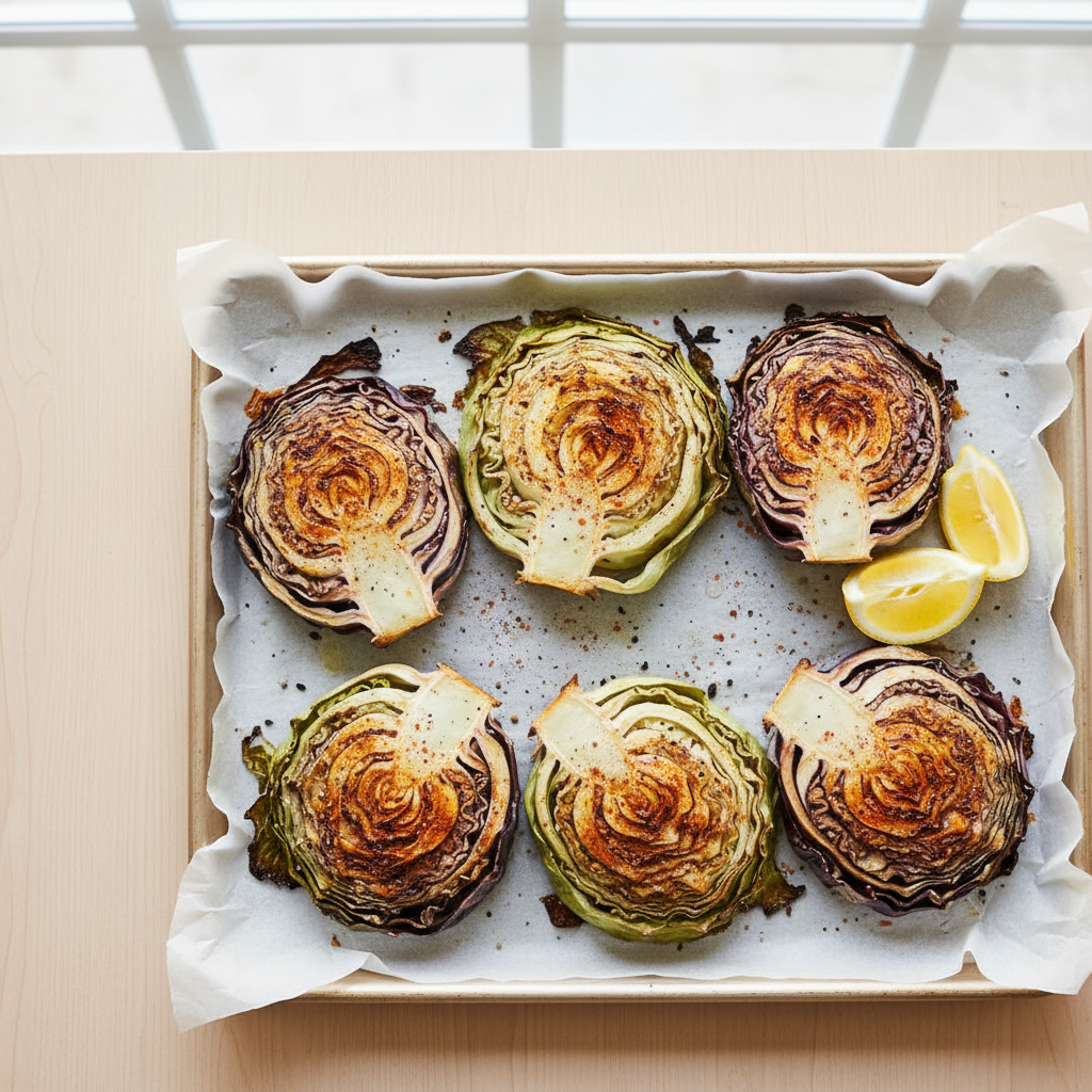 Roasted cabbage wedges on a baking sheet with spices and lemon