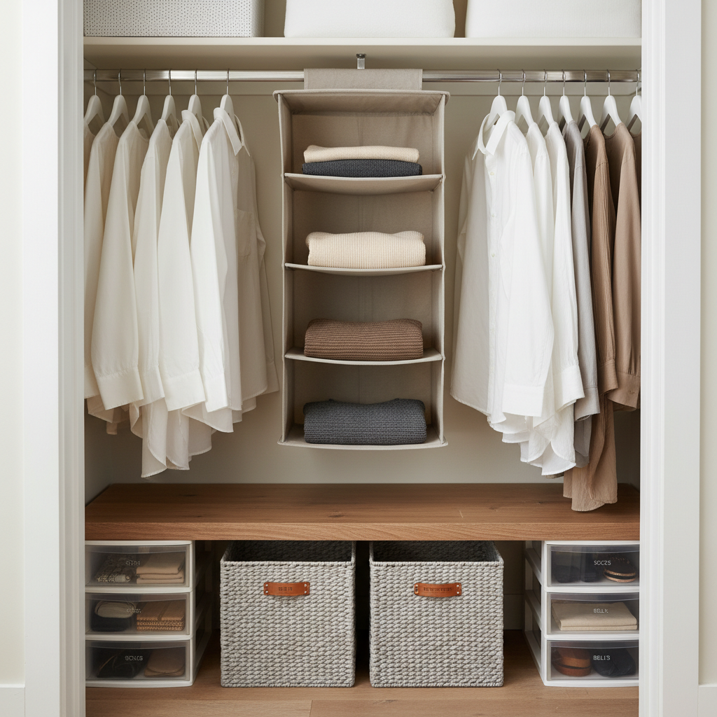 Small bedroom closet with a hanging organizer adding shelves and bins