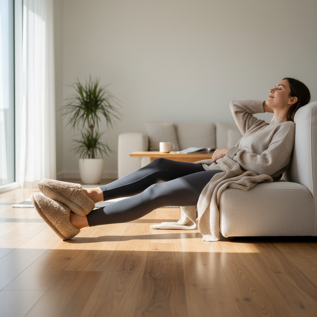 Women wearing cozy fuzzy slippers at home on hardwood floors