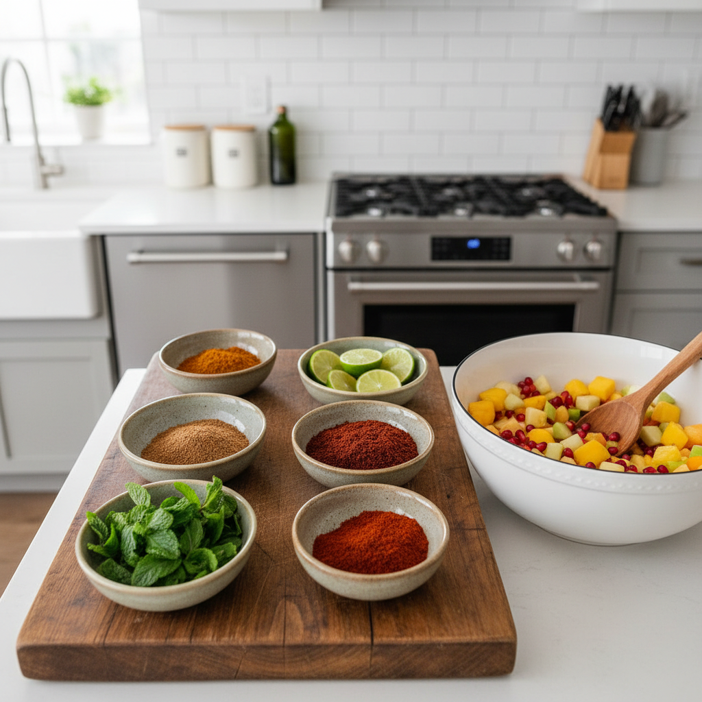 Fruit chaat seasoning ingredients lime chaat masala cumin on prep board