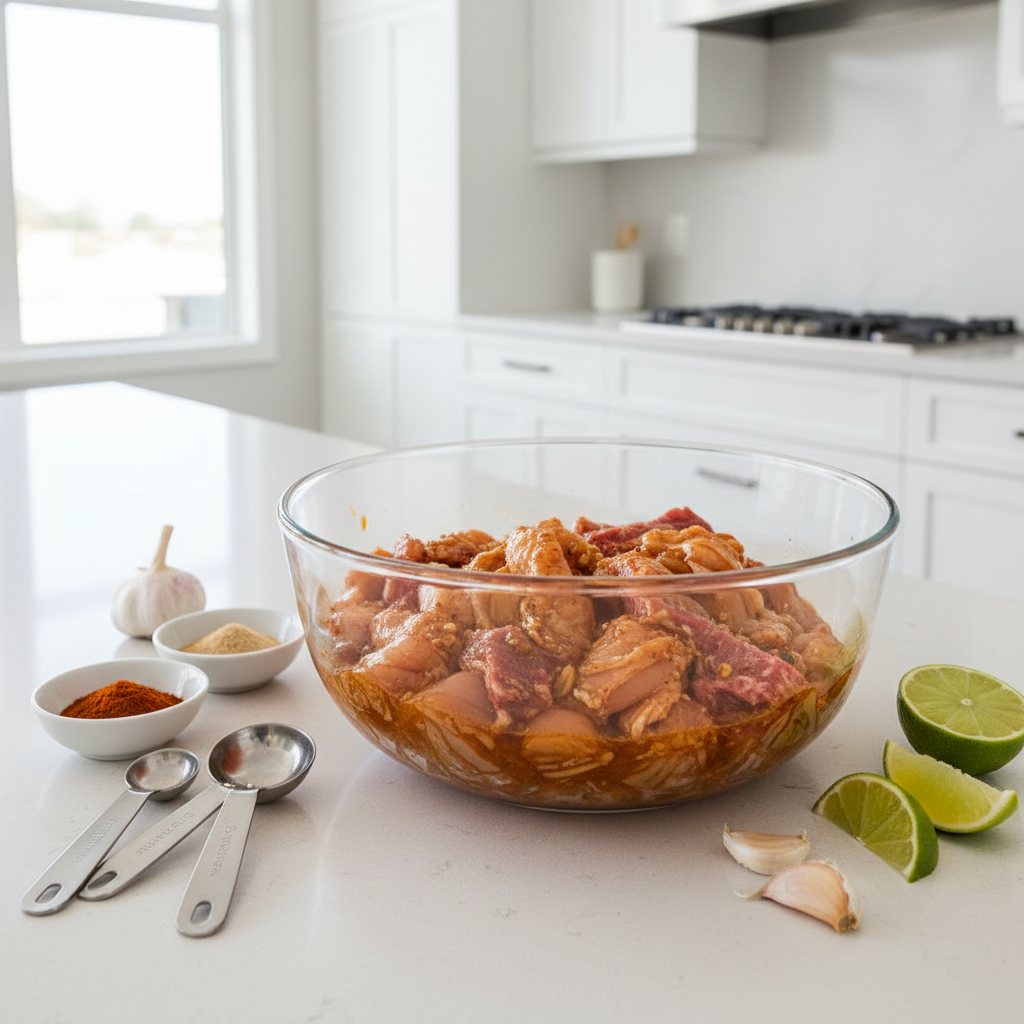 Fajita marinade in a bowl with lime, spices, and sliced chicken and beef