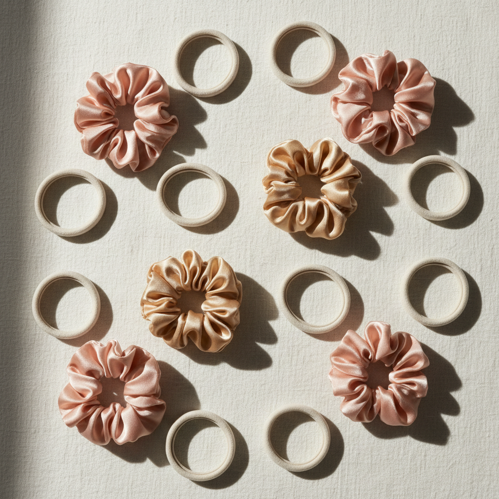 Flat lay of satin scrunchies and seamless elastics for thick curly hair
