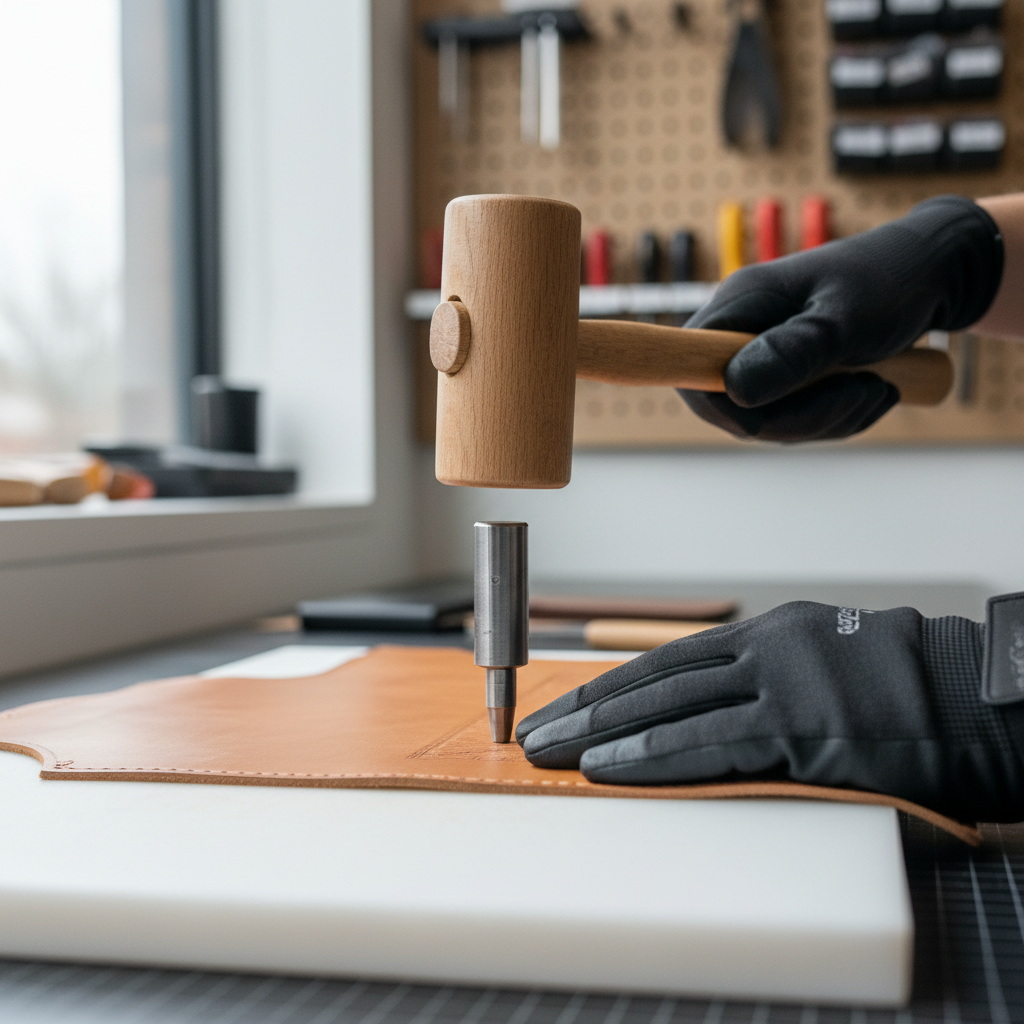 Using a drive punch and mallet on leather with a proper cutting board backing