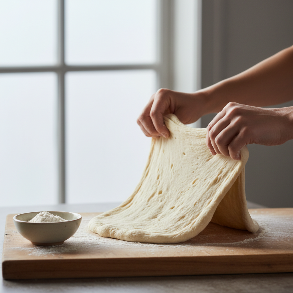 Pizza dough being stretched by hand on a floured surface
