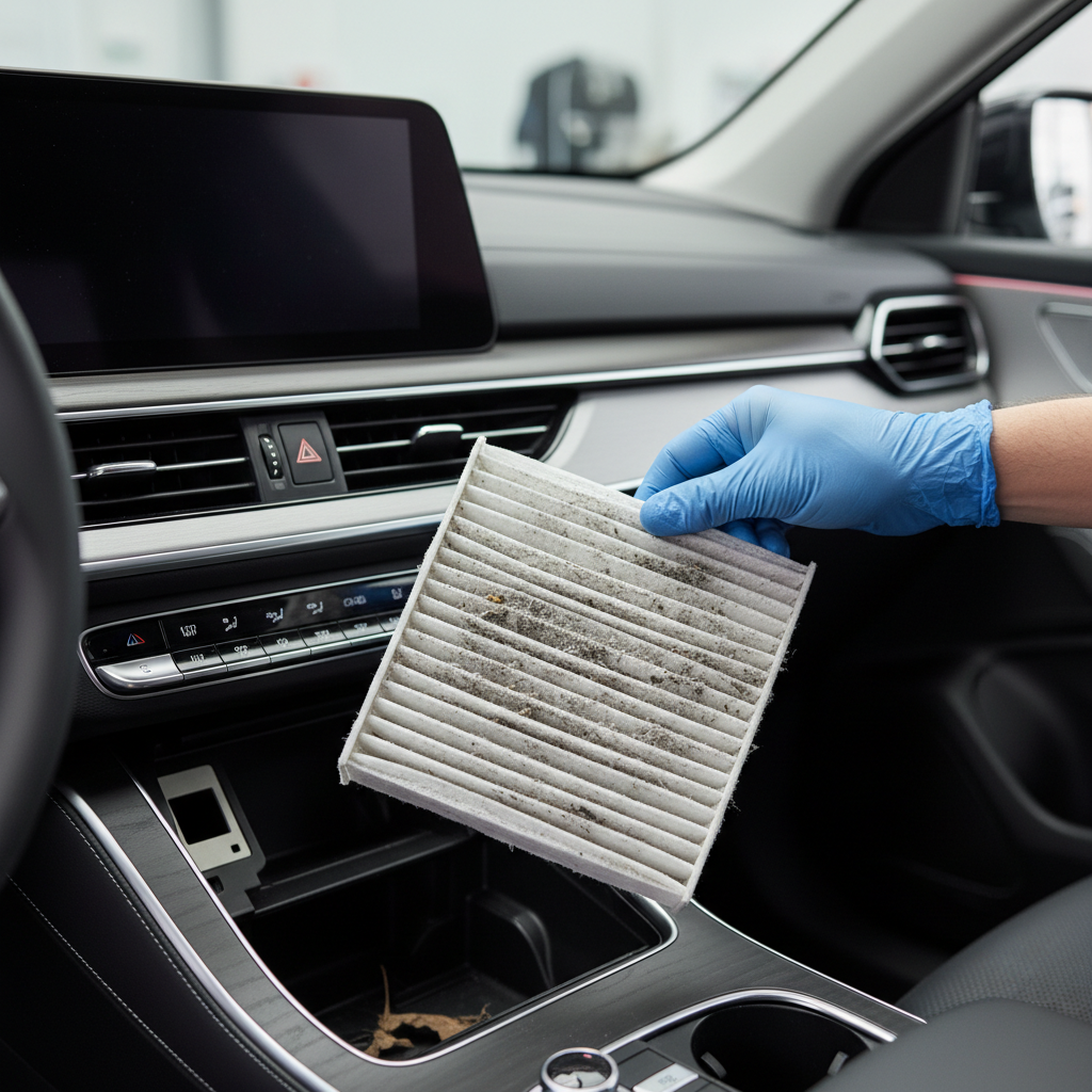 Mechanic hands checking a car cabin air filter as a cause of dust from AC vents