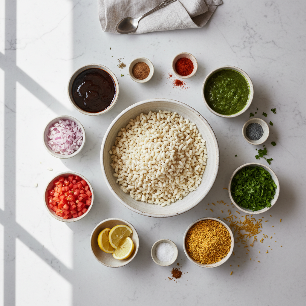 Bhel puri ingredients layout: puffed rice, chutneys, chopped onion, tomato, cilantro, sev, and spices