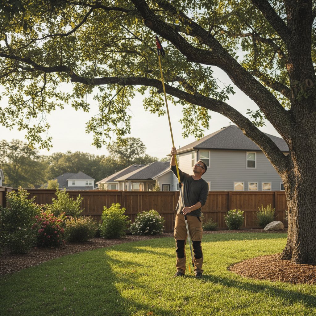 Homeowner measuring pole saw reach under tall tree branches