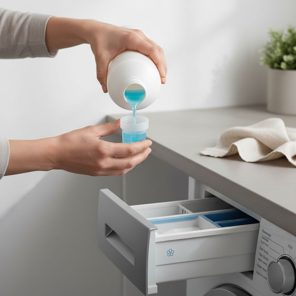 Measuring fabric softener correctly with a cap beside a washing machine dispenser