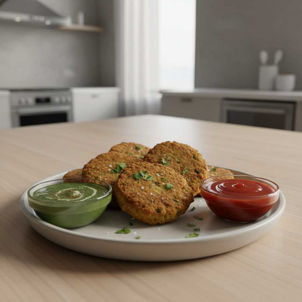 Crispy vegetable potato cutlets on a plate with dipping sauces