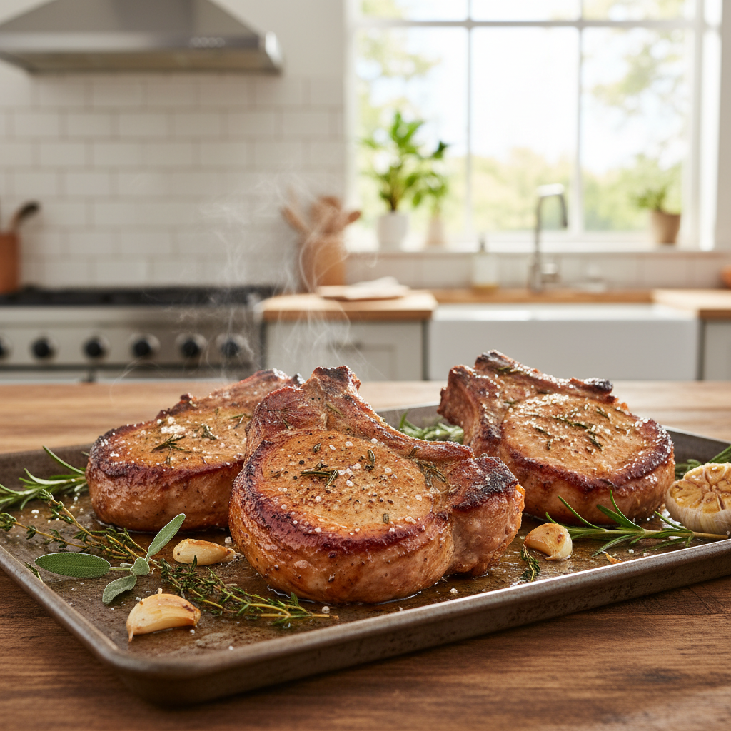 Juicy oven baked pork chops resting on a sheet pan with herbs