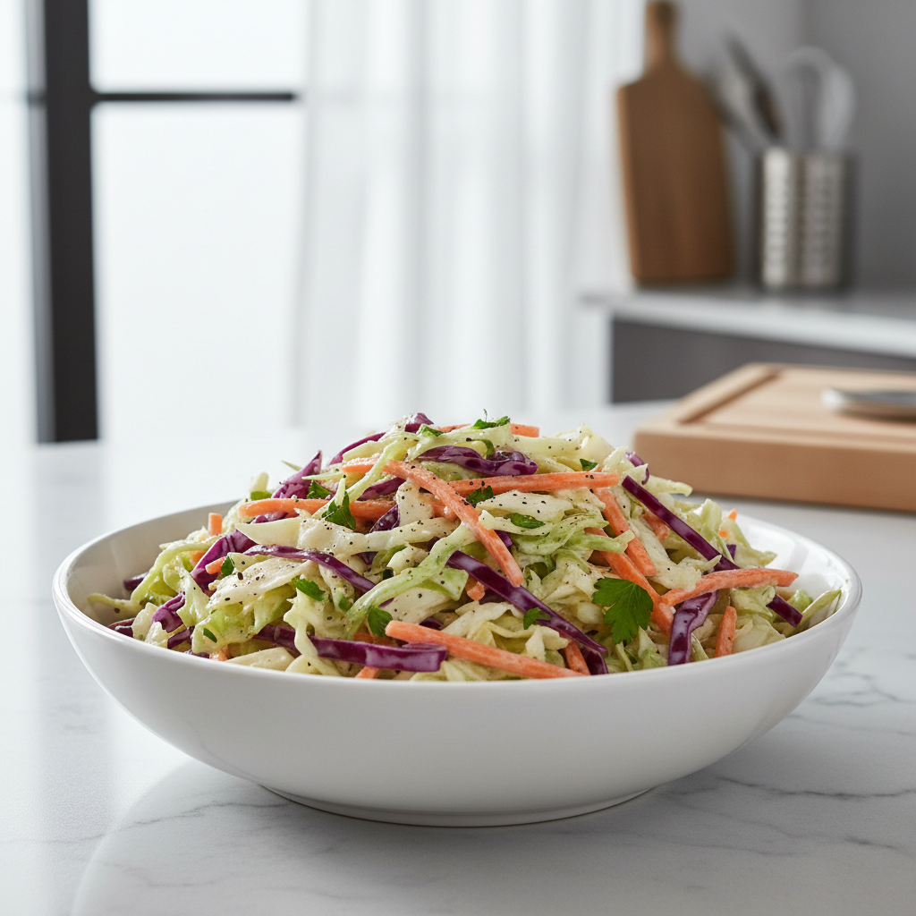 Creamy crunchy coleslaw in a bowl with shredded cabbage and carrots